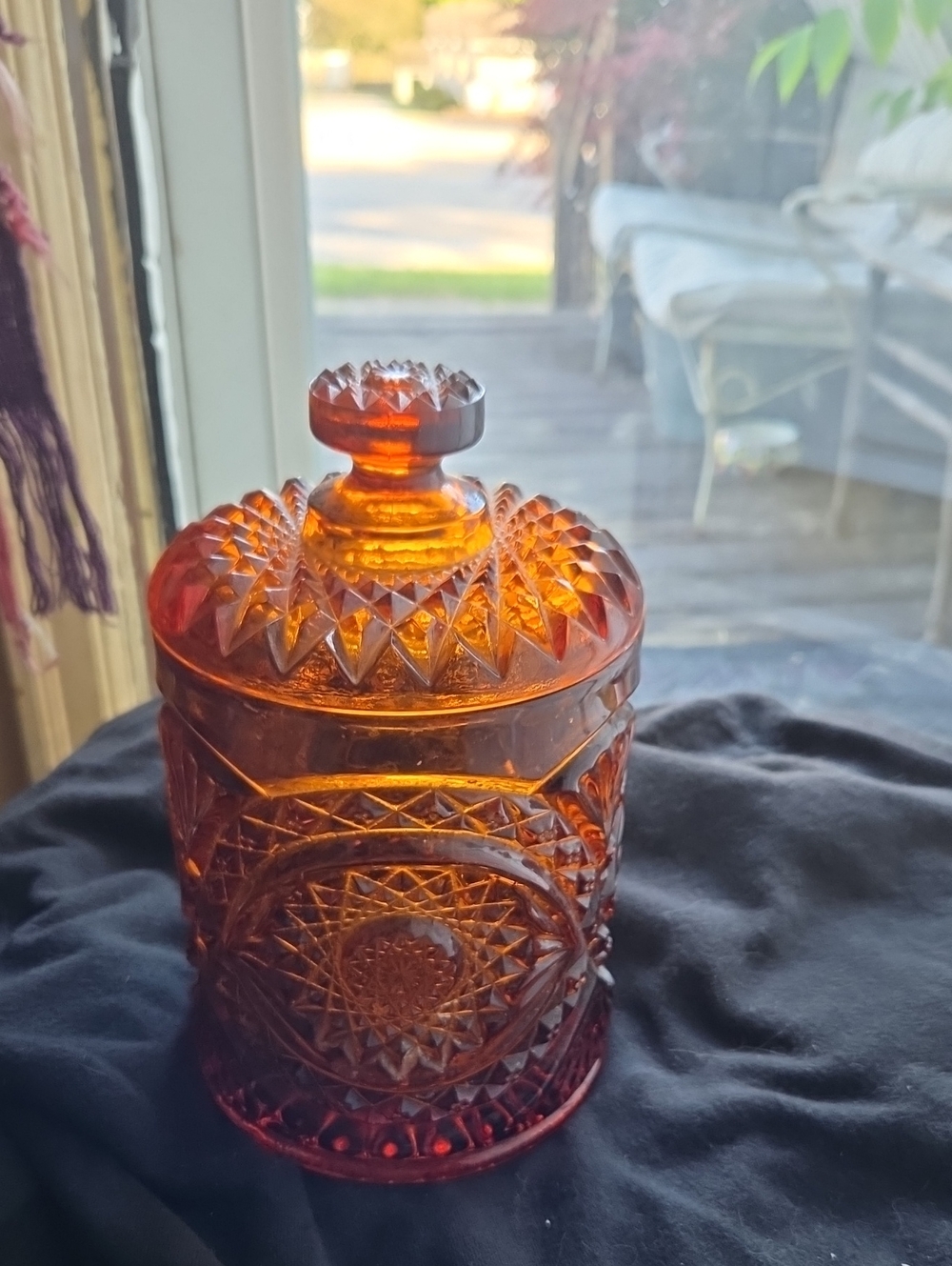 Amber Glass Lidded Jar - Decorative Home Accent Vintage